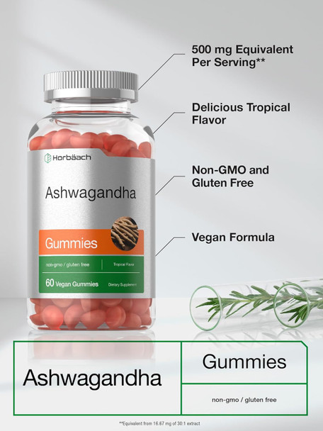 Horbaach Ashwagandha Gummies For Women And Men  60 Count  Vegan, Non-Gmo, Gluten Supplement  Tropical Flavor