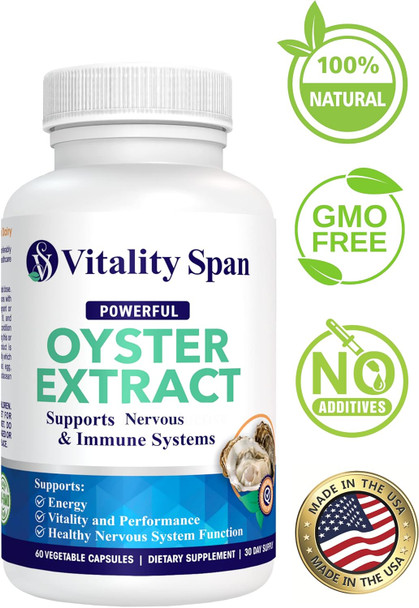 Oyster Extract  Pure Highly Concentrated Supplement For Men and Women Supports Energy and Immune Boost Zinc Taurine Amino Acids And Vitamins 500 Mg 60 Veg Capsules Made In Usa