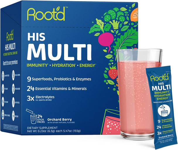 Root'D Multivitamin Powder With 3X Electrolytes For Men - 24 Vitamins & Minerals, 3X Electrolytes, 9 Organic Superfoods, Probiotics & Enzymes, Sugar-Multivitamin & Hydration  24 Packets