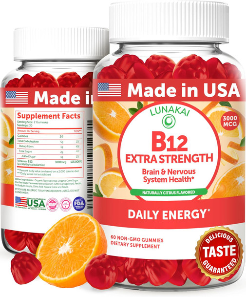Lunakai Extra Strength 3000Mcg Vitamin B12 Gummies - Usa Made, Delicious Daily Energy & Metabolism Support - Vegan B12 Methylcobalamin Supplement 60Ct