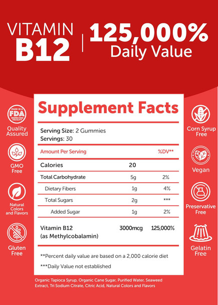 Lunakai Extra Strength 3000Mcg Vitamin B12 Gummies - Usa Made, Delicious Daily Energy & Metabolism Support - Vegan B12 Methylcobalamin Supplement 60Ct