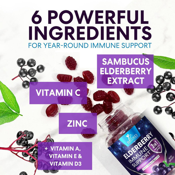 Sambucus Elderberry Immune Gummies, Daily Elderberry Immune Support Vitamins With Vitamin C, Vitamin D3, Zinc, Immune Support Gummy Vitamin Supplement, Black Elderberry For Adults & Kid - 120 Gummies