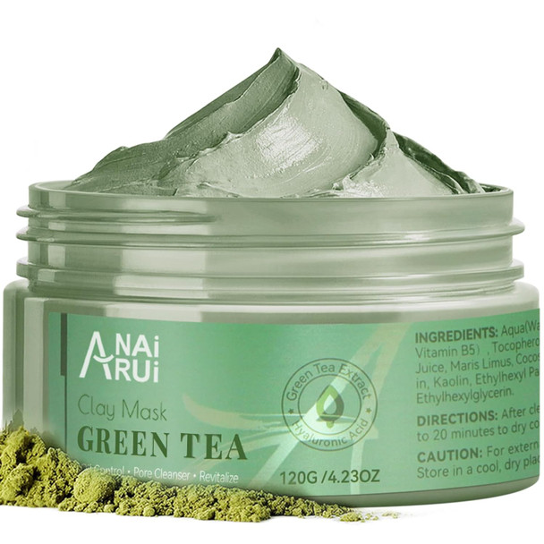 Anai Rui Green Tea Mask, Clay Mask For Poreless Deep Cleanse, Green Tea Face Mask Blackhead Remover With Kaolin, Aloe, Collagen, Pore Minimizer, Hydrating, Moisturizing