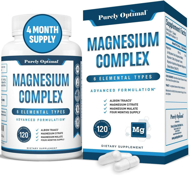 Purely Optimal Magnesium Complex 500Mg W/Citrate, Malate, Taurate, Oxide, Bisglycinate Chelate, Aspartate - Magnesium Supplement For Women & Men For Sleep Aid, Muscle & Heart Health - 120 Vegan Caps