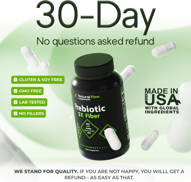 Prebiotic Fiber Supplement 5-In-1 Capsules - Natural Flow 5X Fiber Xos, Gos, Fos, Acacia And Agave Inulin, Daily Soluble Fiber Formula For Gut Support And Boost Good Bacteria Diversity, 120 Caps