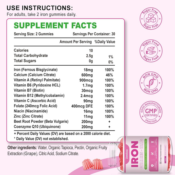 2 Pack Iron Gummies For Women & Men, With Vitamin C, A, B Complex, Folate, Beet Root, Coq10, Zinc For Adults & Kids, Blood Builder & Energy Support For Iron Deficiency, Anemia, Vegan, 120 Count