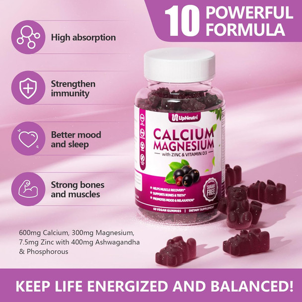 Calcium Magnesium Zinc With Vitamin D3 Supplement, Sugar Calcium Gummies For Women Men, High Absorption Zinc Gummies For Bone & Muscle & Immune Health, Vegan Elderberry Flavor - 60 Count