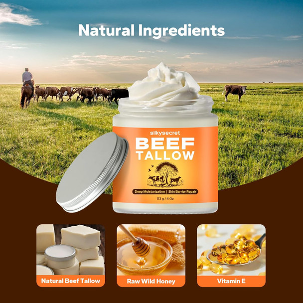 Beef Tallow For Face & Body (4 Oz), Grass-Fed Beef Tallow & Raw Wild Honey Blend, Deep Nourishing Tallow Balm For All Skin Types