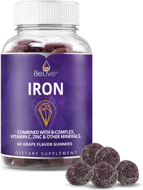 Belive Iron Gummies - Multivitamin With Iron, Vitamins & Zinc For Blood Oxygen - Grape Flavor, Vegan Supplement For Women, Men & Kids
