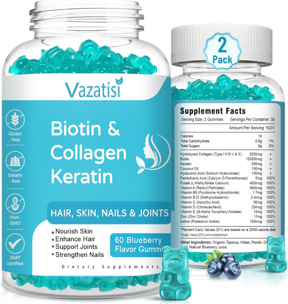 2 Pack Biotin Gummies 15000 Mcg With Collagen & Keratin For Hair Skin Nails & Joints- Women Men, Kids - 120 Blueberry Flavored Gummies