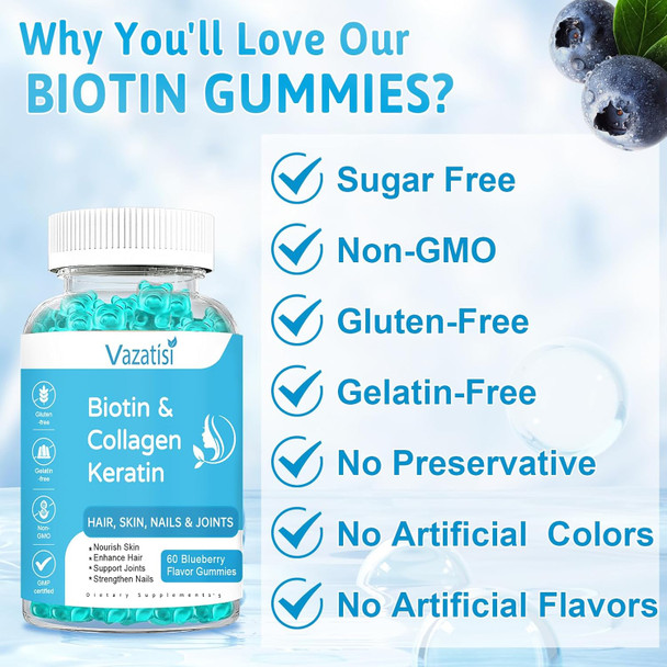 2 Pack Biotin Gummies 15000 Mcg With Collagen & Keratin For Hair Skin Nails & Joints- Women Men, Kids - 120 Blueberry Flavored Gummies