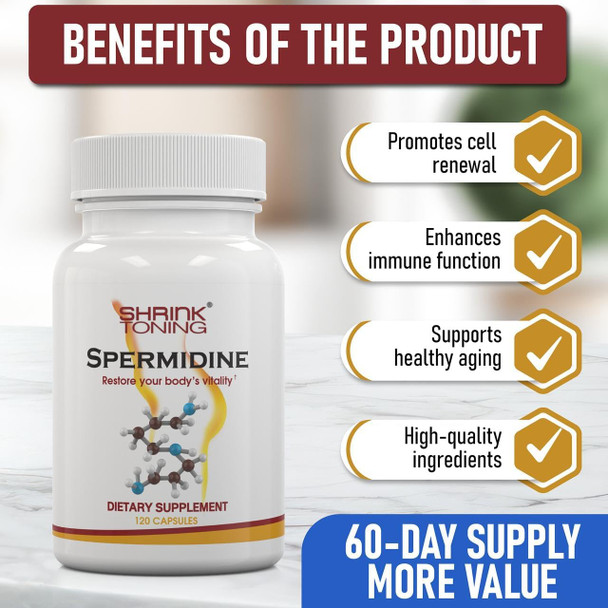 Shrink Spermidine Supplements High Strength For Men & Women – 120 Vegan Caps 100% Natural Polyamine For Anti-Aging Support, Overall Wellness – Non-Gmo, Usa Made – With High Spermidine, Zinc & Thiamin
