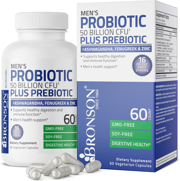 Bronson Men'S Probiotic 50 Billion Cfu Plus Prebiotic With Ashwagandha, Fenugreek & Zinc, Supports Healthy Digestion & Immune Function Non-Gmo, 60 Vegetarian Capsules