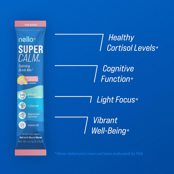 Nello Supercalm Powdered Drink Mix, Raspberry Lemonade, L Theanine, Ksm-66 Ashwagandha, Magnesium Glycinate, Vitamin D 3, Supplements For Relaxation & Focus, No Sugar, Non Gmo, On The Go, 20 Ct