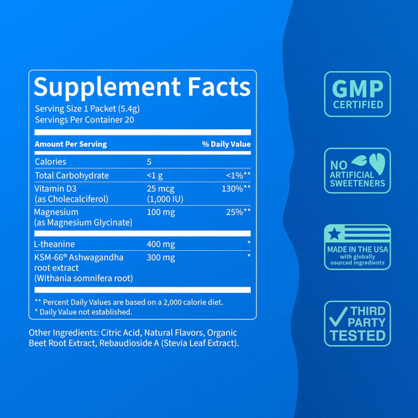 Nello Supercalm Powdered Drink Mix, Raspberry Lemonade, L Theanine, Ksm-66 Ashwagandha, Magnesium Glycinate, Vitamin D 3, Supplements For Relaxation & Focus, No Sugar, Non Gmo, On The Go, 20 Ct