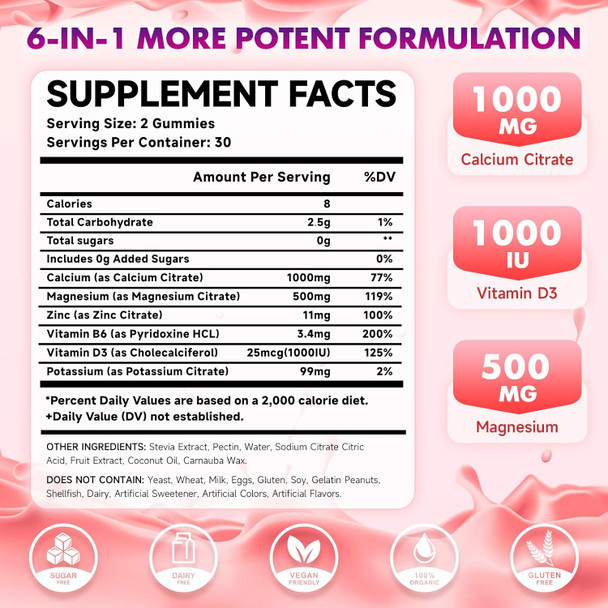 Calcium Citrate Gummies 1000Mg W/Vitamin D3, High Absorption Calcium Supplement For Women & Men, Plus Magnesium, Potassium, Zinc For Muscle & Immune, Sugar-Free, Raspberry Flavor, 60 Count