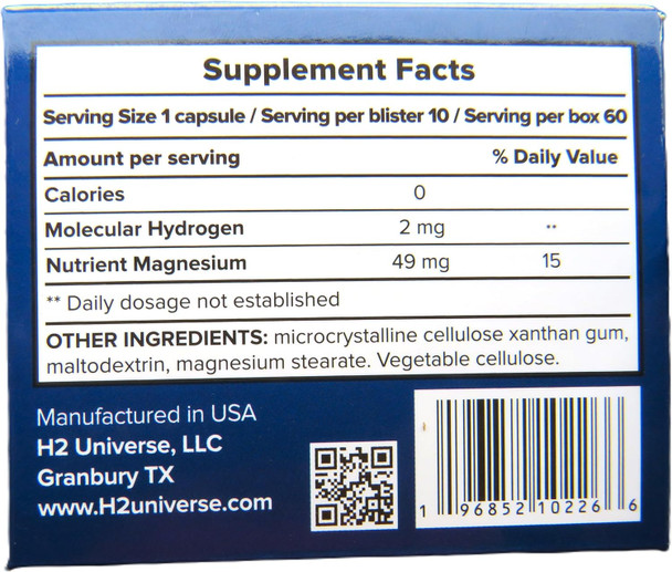 True Nano H2 By H2 Universe Molecular Hydrogen With Active Hydrogen Nanobubbles, Boosts Energy, Powerful Antioxidant 60 Capsules