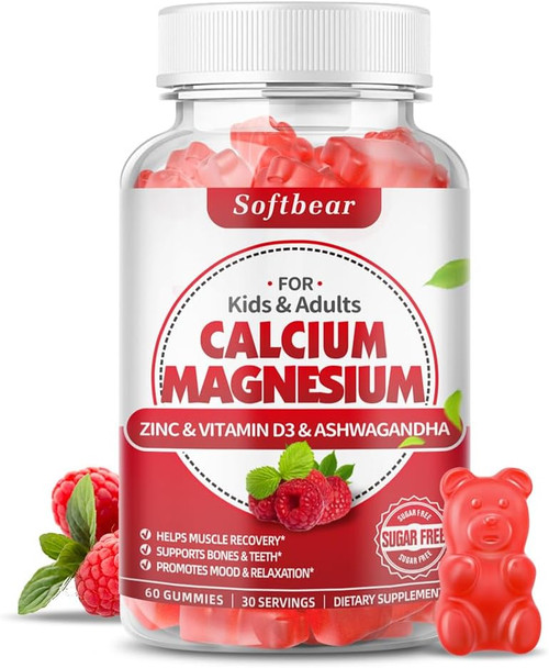 Softbear Calcium Magnesium Zinc Gummies For Women, Calcium Magnesium Supplement High Absorption Calcium 600 Mg With Vitamin D3 For Bone Strength Vegan Raspberry Flavor 60 Gummies