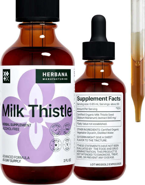 Milk Thistle 2 Fl Oz Liquid Extract - Natural Liver Support Drops - Cleanse And Detox Herbal Supplement - Silybum Marianum Tincture For Man & Woman - Family Size - High Potency - 45-Day Supply
