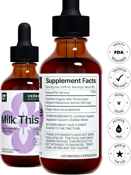 Milk Thistle 2 Fl Oz Liquid Extract - Natural Liver Support Drops - Cleanse And Detox Herbal Supplement - Silybum Marianum Tincture For Man & Woman - Family Size - High Potency - 45-Day Supply