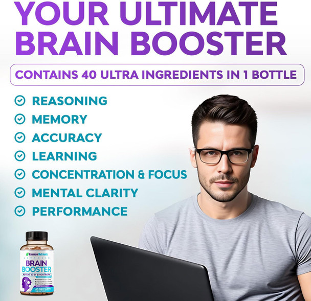 40-In-1 Brain Booster Supplements For Memory, Focus, Clarity, Energy, Performance  Natural Nootropic Brain Support Supplement With Dmae, Bacopa Monnieri & More  For Men & Women  120 V Capsules