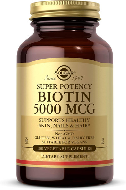 Solgar Biotin 5000 Mcg, 100 Veg Caps - Promote Healthy Skin, Nails & Hair - Supports Energy Production, Protein, Carbohydrate & Fat Metabolism - Vitamin B - Non Gmo, Vegan, Gluten - 100 Servings