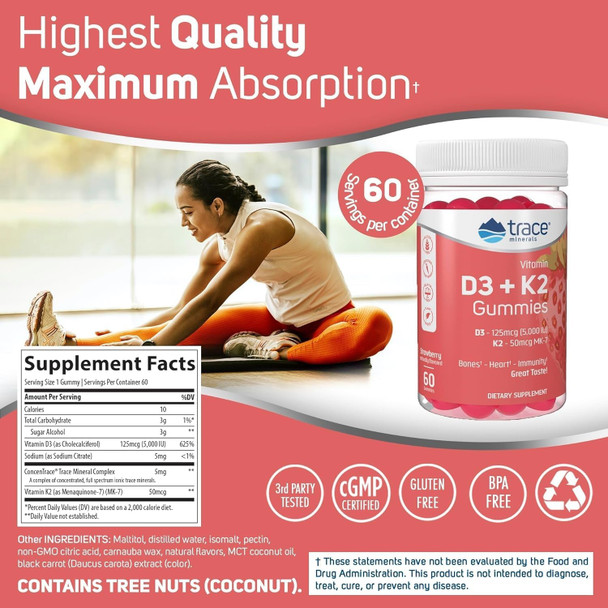 Trace Minerals  Vitamin D3 + K2 Gummies  5,000 Iu D3 + 50 Mcg K2  Vegan, Sugar Free, Gluten Free, Natural Strawberry Flavor  60 Servings