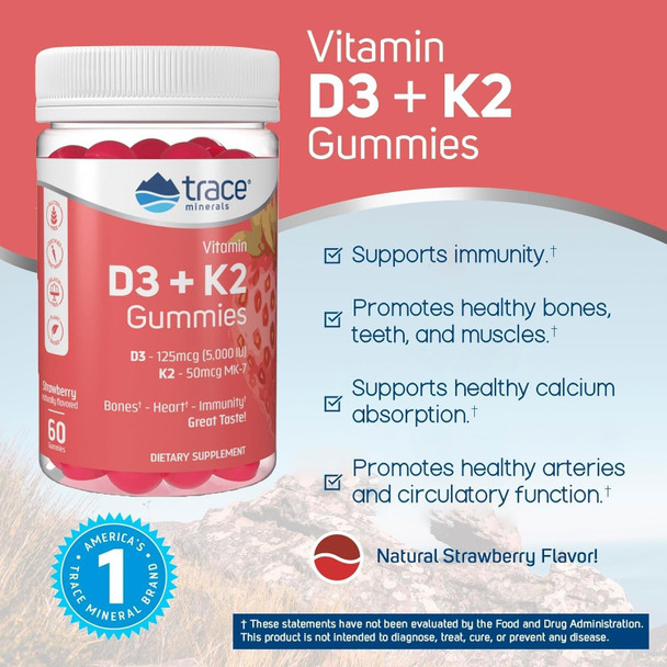 Trace Minerals  Vitamin D3 + K2 Gummies  5,000 Iu D3 + 50 Mcg K2  Vegan, Sugar Free, Gluten Free, Natural Strawberry Flavor  60 Servings