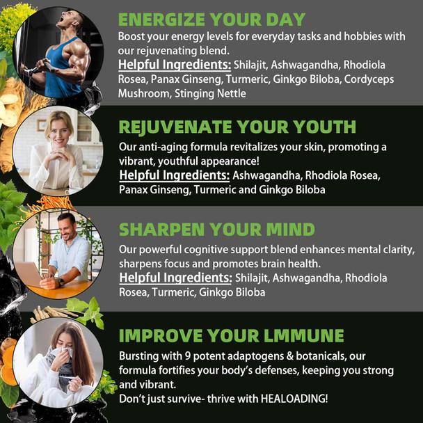 Himalayan Shilajit Capsules For Men & Women, Shilajit 9000Mg Ashwagandha 2000Mg Ginseng 1500Mg Rhodiola Rosea 1000Mg Cordyceps Mushroom 500Mg Ginkgo Biloba 500Mg Turmeric 500Mg