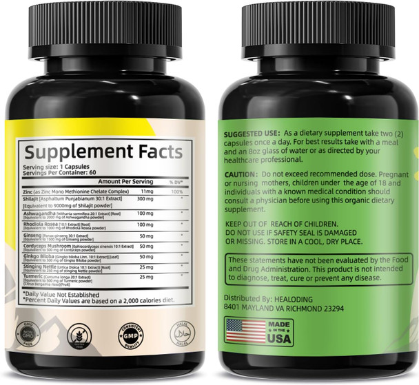 Himalayan Shilajit Capsules For Men & Women, Shilajit 9000Mg Ashwagandha 2000Mg Ginseng 1500Mg Rhodiola Rosea 1000Mg Cordyceps Mushroom 500Mg Ginkgo Biloba 500Mg Turmeric 500Mg