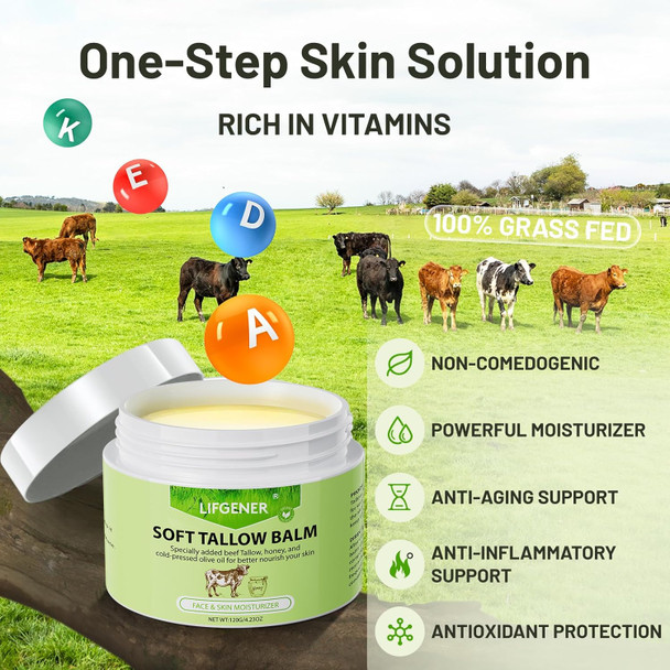 Beef Tallow For Skin - 4.23 Oz Tallow & Honey Balm Moisturizer - Whipped Beef Tallow And Honey Balm - Grass-Fed, Grass-Finished Tallow Balm Cream Organic Face Cream