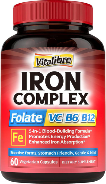 Iron Supplement For Women & Men, With Vitamins C, B6, B12 & Folate For Iron Deficiency, Blood Building & Energy Support, Stomach Friendly, Better Absorption, Non-Gmo, No Gluten, 60 Vegan Caps