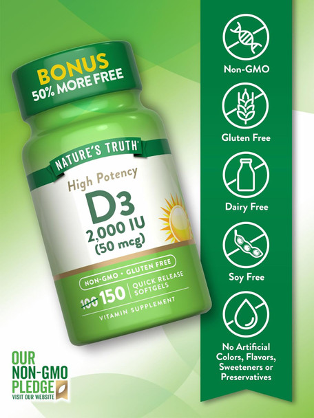 Nature'S Truth Vitamin D3 2000 Iu Softgels  150 Count  High Potency  Non-Gmo And Gluten Supplement