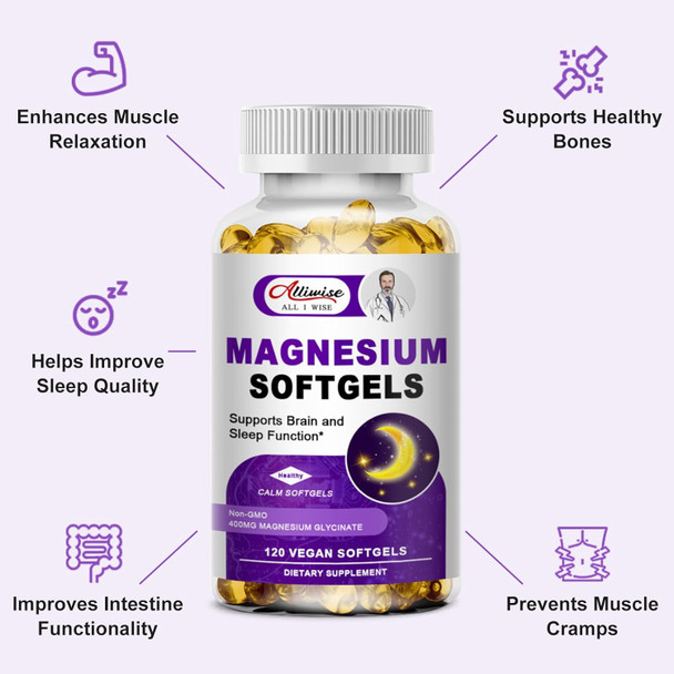 High Absorption Magnesium Glycinate 400Mg Softgels Supplement, 400 Mg Elemental Magnesium With 100Mg Calcium - Highly Bioavailable - With Vitamin D3 & K2, For Sleep, Mood, Brain Support