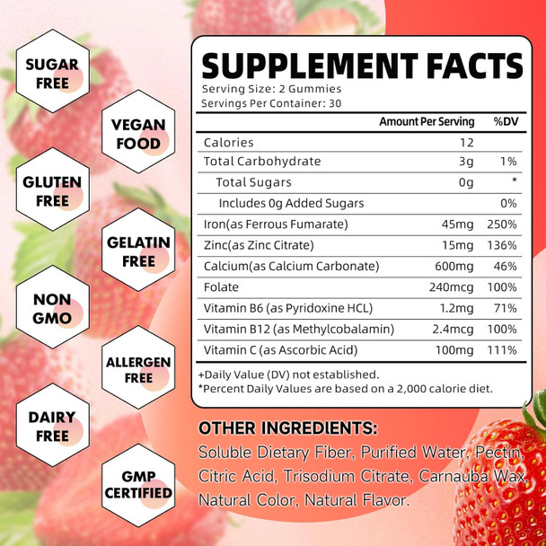 Iron Gummies For Women, Men & Kids, Sugar Iron Supplement With Calcium, Zinc, Folate & Vitamin B12, C, B6 - For Blood Building & Energy Support, Anemia, Strawberry, 60 Count