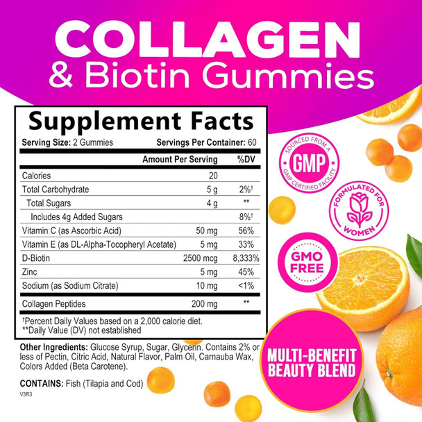 Collagen Gummies With 2500Mcg Biotin, Vitamin C & Zinc - Hydrolyzed Collagen Peptide Type 1 & 3 Supplement - Advanced Hair, Skin & Nail Growth Support For Women & Men, Gluten Free, Non-Gmo - 120 Count