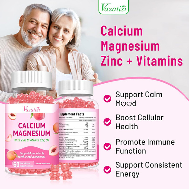 Calcium Magnesium Zinc Gummies With Vitamin D3 B12, Calcium Supplements For Women Men, Peach Flavor 60 Cts