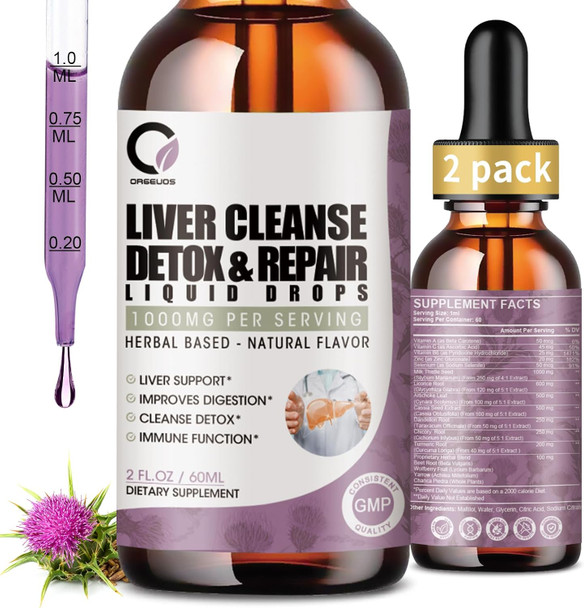 2 Pack Liver Cleanse Detox & Repair Liquid Drops With Milk Thistle, Artichoke Extract, Liver Supplement For Liver Cleanse & Detox, Antioxidant, Digestive Support,Vegan - 4 Fl Oz
