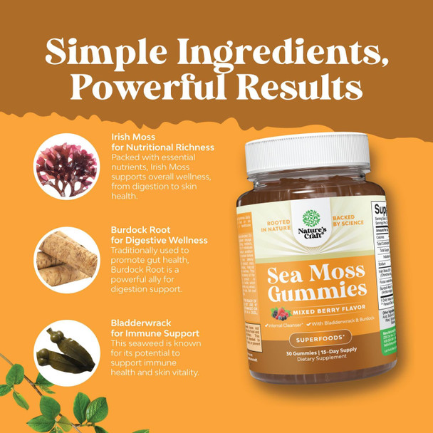 Sea Moss Gummies For Adults And Kids - Vegan Adult And Kids Immune Support Gummies With Burdock Bladderwrack And Sea Moss Gel - Delicious Berry Flavor Sea Moss Supplement Men Women And Children 30Ct