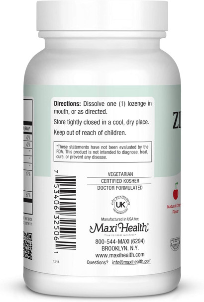 Maxi-Health Zinc Lozenges - Zinc Citrate 10Mg - With Vitamin C - Cherry Flavor - 60 Chewables - Kosher