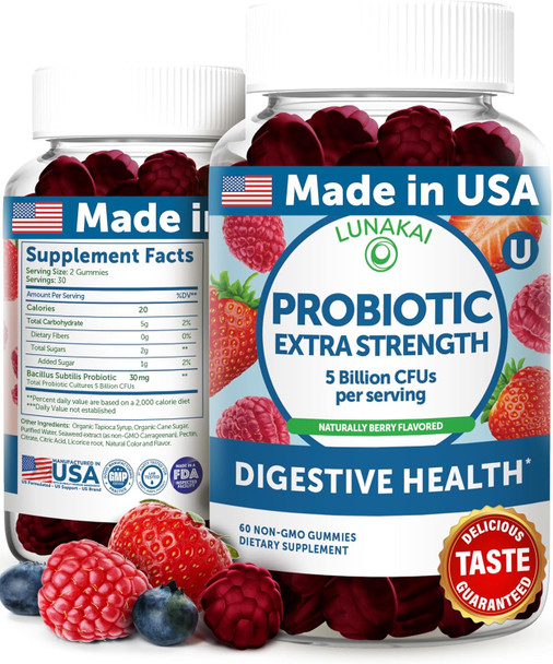 Lunakai Usa Made Probiotic Gummies - 5 Billion Cfus, Vegan, Non-Gmo, Gluten-- Digestive & Immune Support For Women & Men - 60 Chewable Gummies