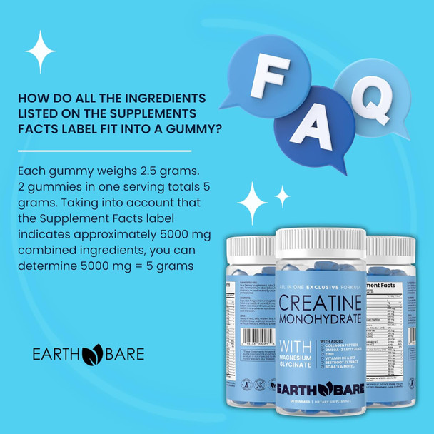 Creatine Monohydrate And Magnesium Gummies For Adults  Beta Alanine, Collagen Peptides, L-Arginine, B Vitamins  60 Gummies