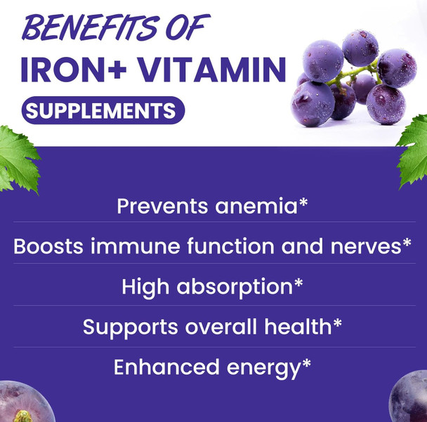 Iron Gummies For Women & Kids - With Vitamin C, B12, B6, Zinc - Blood Builder & Energy - Iron Supplement Gummies Support For Iron Deficiency, Anemia - 60 Vegan Gummies Grape Flavor