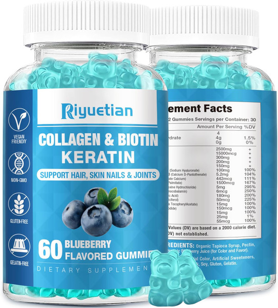 Biotin Gummies With Collagen For Adults Women & Men - Hair Skin Nails Gummies With Biotinis - Vitamins Gummies For Woman - 60 Gummies Hair Vitamins - Vegan, Non-Gmo - Biotin 15000Mcg