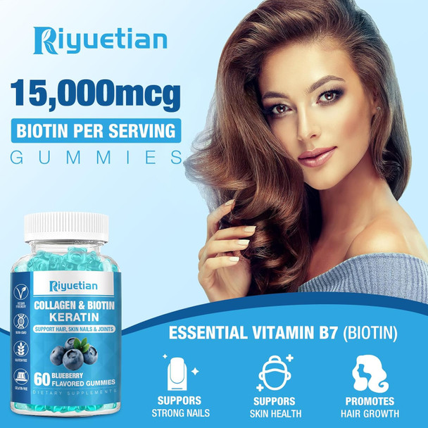 Biotin Gummies With Collagen For Adults Women & Men - Hair Skin Nails Gummies With Biotinis - Vitamins Gummies For Woman - 60 Gummies Hair Vitamins - Vegan, Non-Gmo - Biotin 15000Mcg