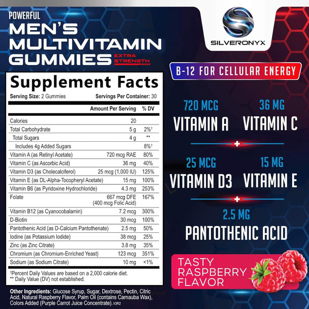 Men Multi Vitamin Gummy - Multi-Vitamin For Men Daily Nutritional Support With Vitamins A, C, D, E, B12, Zinc, Folate, Biotin & More - Focus, Energy, Memory & Immune Health Support - 60 Gummies