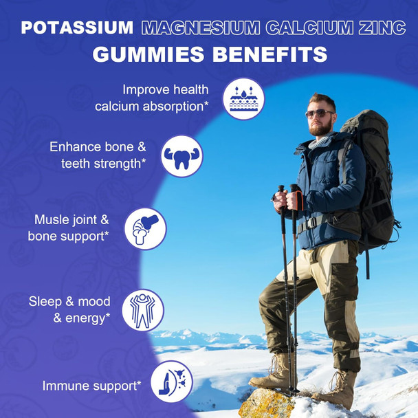 Potassium Magnesium Supplement Gummies,Magnesium Glycinate 500Mg,Potassium Gluconate 99Mg,Triple Magnesium Complex 1700Mg,Calcium,Zinc,Vitamin D3 For Leg Cramps,Sleep,Immunity & Energy,60 Ct Blueberry