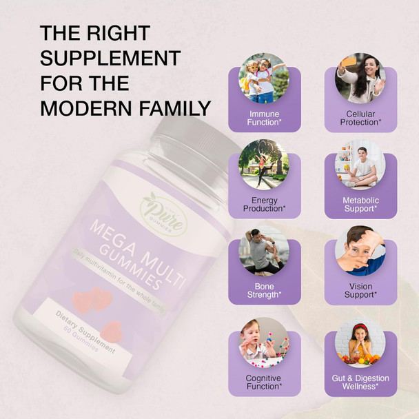 Pure By Nature Mega Multi Gummies, Natural Flavored Multi Vitamin Gummies For Women & Men, Dietary Supplement, Multivitamin For Men With Vitamins A, D2, C, E, K, Biotin, Folic Acid (60 Count)