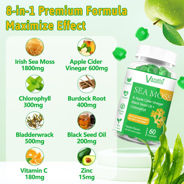 2 Pack Organic Irish Sea Moss Gummies With Black Seed Oil, Chlorophyll - Thyroid, Digestion, Mood, Energy & Immune Support - Women & Men, Adult & Kid - 120 Vegan Gummies