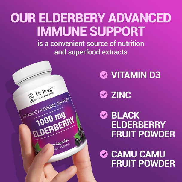 Dr. Berg Black Elderberry Capsules (Advanced Immune Support) With 15,000 Iu Vitamin D, 60 Mg Of Zinc, & 90 Mg Of Camu Camu - (4-In-1) Sambucus Elderberry Immune Support Supplement - 90 Capsules